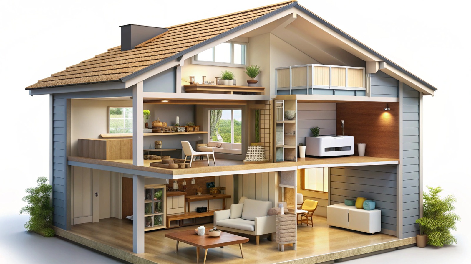 Cross-section of a two-storey home showing the kitchen, dining area, balcony, bedroom, living room and garden